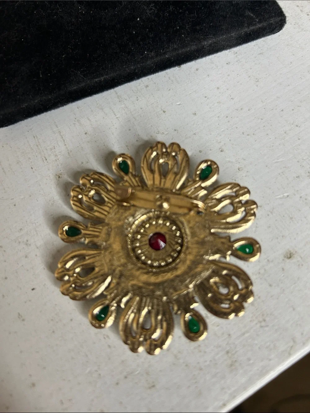 Vintage-Inspired Floral Brooch in Red and Teal Crystal